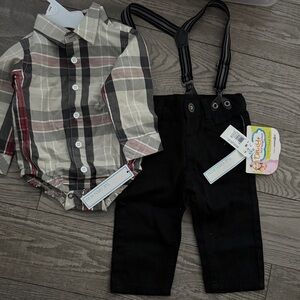 NWT Plaid Baby Bodysuit with Black Pants and Suspenders